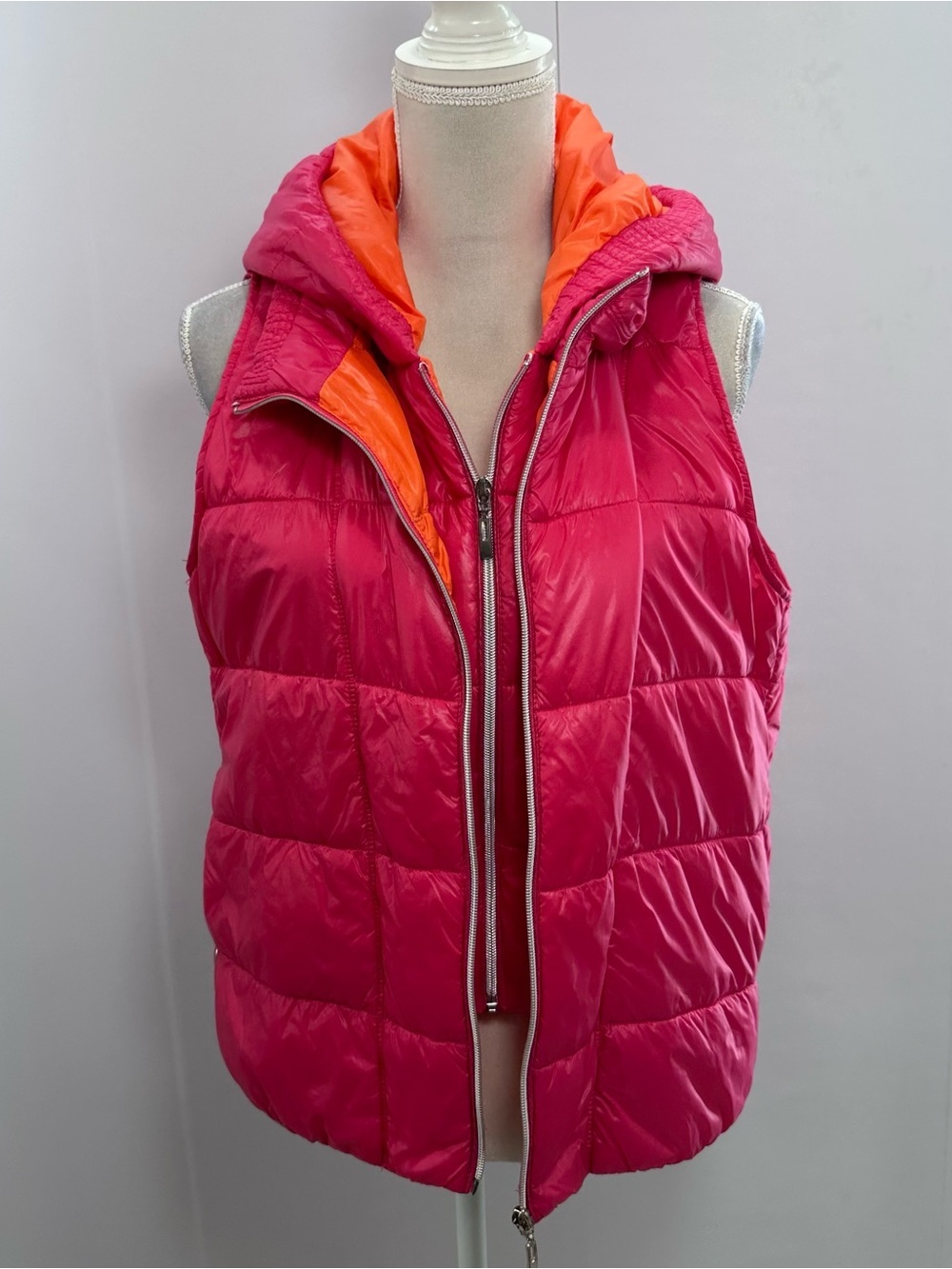 Bright Pink Quilted Hooded Puffer Vest with Orange Hood Lining